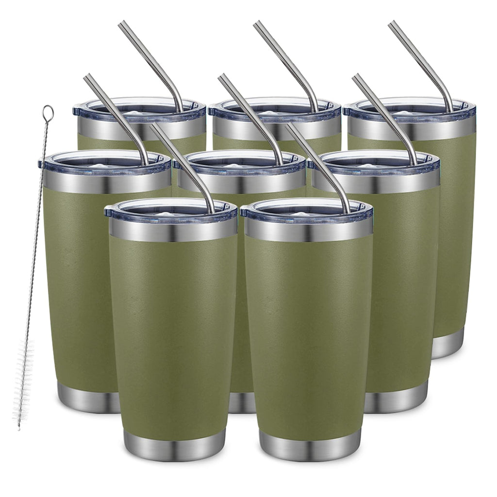 COMOOO 20oz Tumbler 8 Pack Double Wall Vacuum Insulated Travel Mug, Stainless Steel Tumbler with Lid and Straw Durable Powder Coated Insulated Coffee Cup for Cold & Hot Drinks,army green, 8 pack