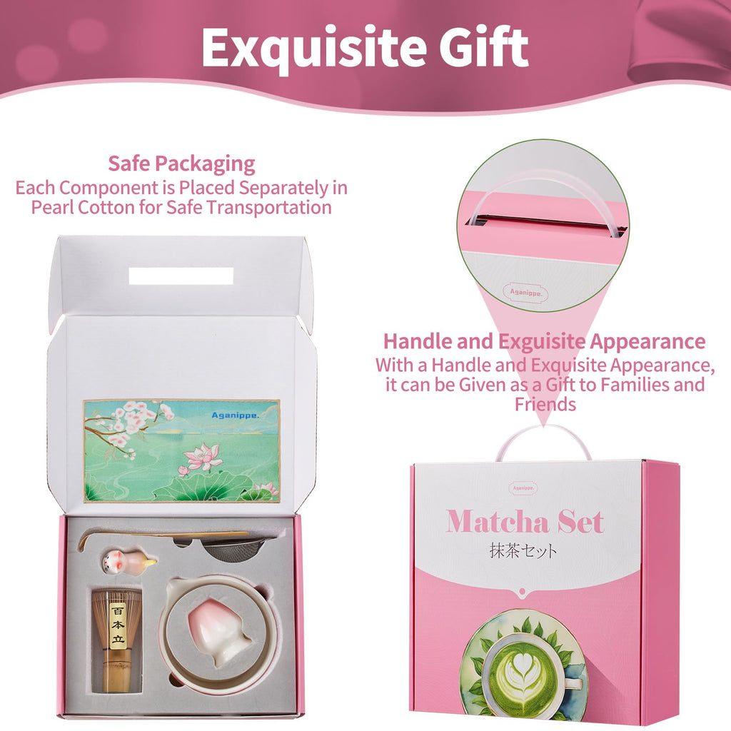 7 Pcs Matcha Whisk Set, Matcha Set Pink,Matcha Kit,Matcha Tea Set,Matcha Bowl Set with Pink Cat Scoop Holder, Tea Cloth, Sifter(Gradient Pink)