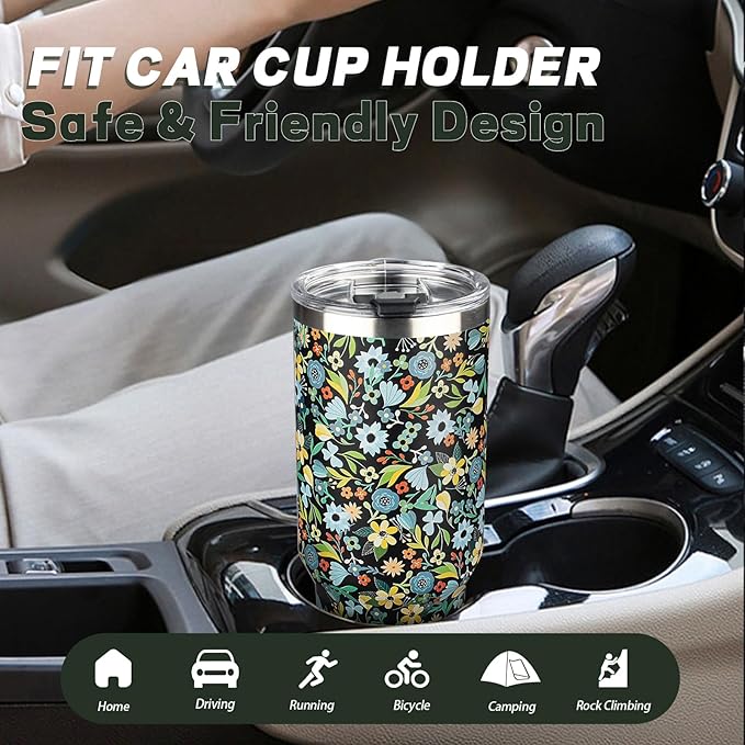 40 oz Tumbler with Lids and Straws, Stainless Steel Insulated Coffee Tumbler, Double Wall Vacuum Insulated Travel Mug Cup, Leakproof Thermal Coffee Cup for Hot and Cold Drinks (Blue Flower)