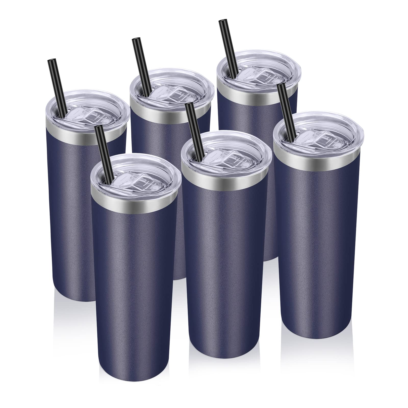 VEGOND Stainless Steel Tumblers Bulk 6 Pack, 20 oz Vacuum Insulated Skinny Tumblers with Lid and Straw, Double Wall Coffee Mug, Travel Water Cup, Navy Blue
