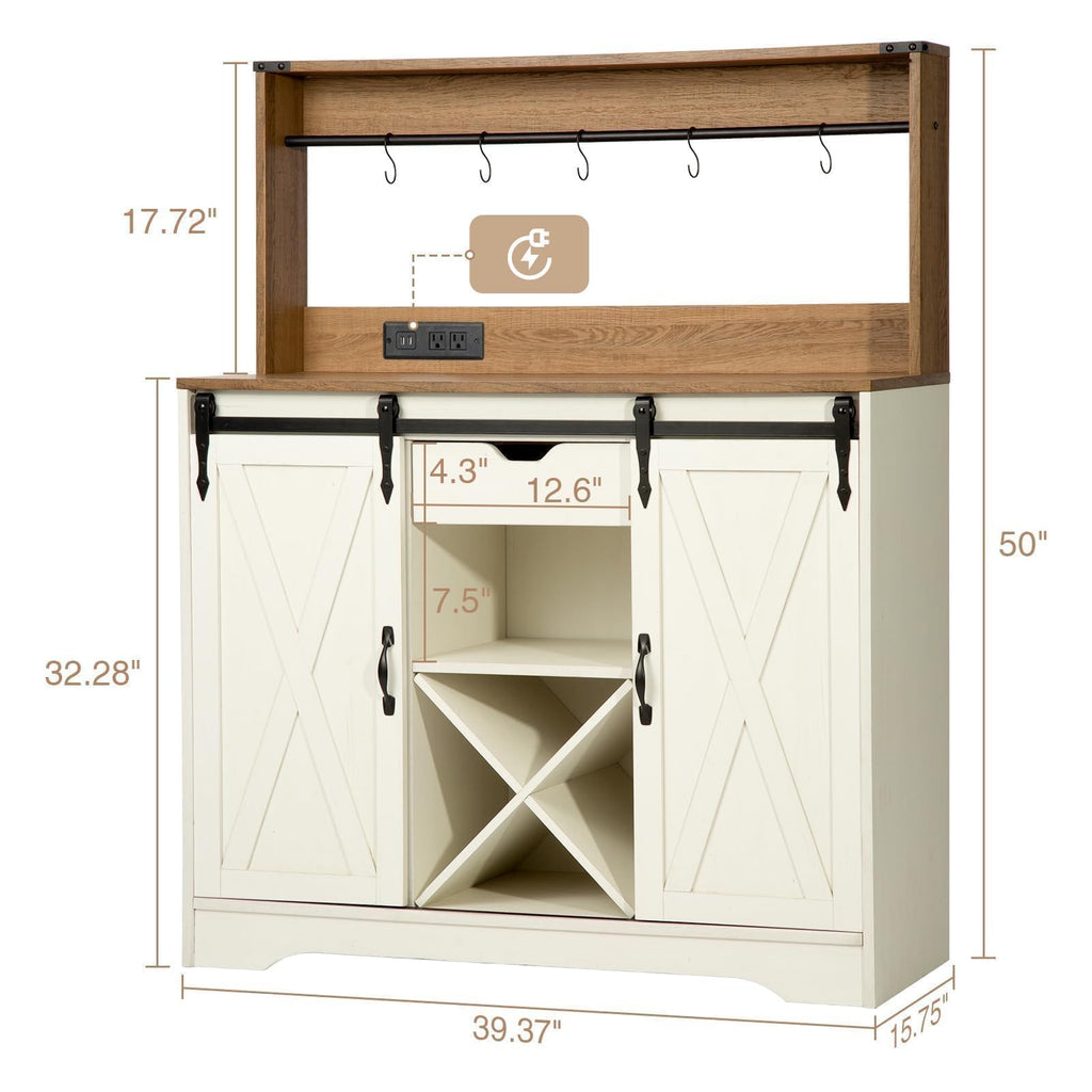 Wnutrees Farmhouse Coffee Bar Cabinet with Charging Station and USB, White