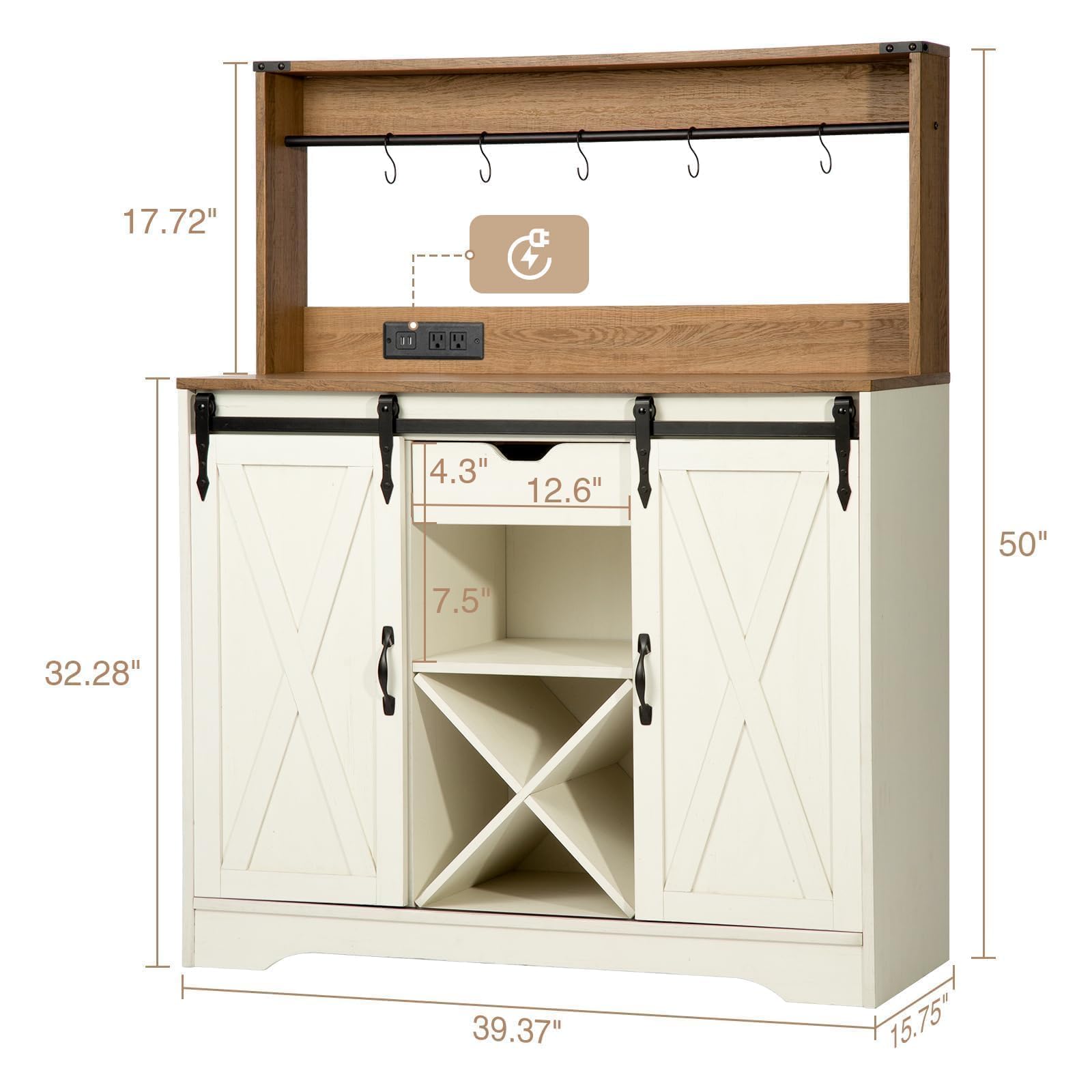 Wnutrees Farmhouse Coffee Bar Cabinet with Charging Station and USB, White
