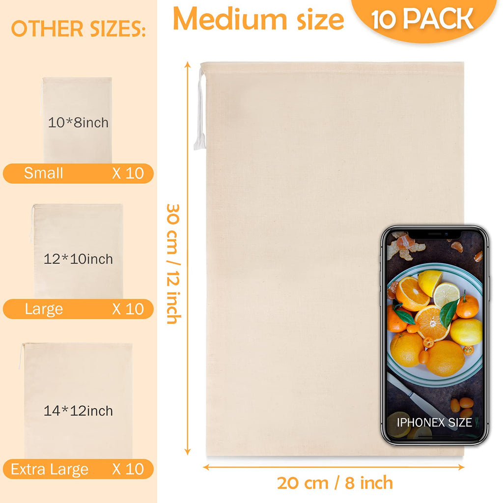 Chielor 10 Pack Nut Milk Bag, 8‘’ x 12‘’ Fine Mesh Grade Reusable Cheesecloth Bags Strainers, Unbleached Organic Cotton Filter Bags for Almond Milk, Juices, ColdBrew, Cheese, Tea, Yogurt, Coffee