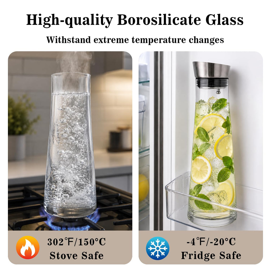 GLASKEY Glass Water Carafe with Lid,1200ml Borosilicate Glass Juice Pitcher with Stainless Steel Gravity Lid,Clear Water Pitcher for Ice Tea, Lemonade, Coffee,Juice Beverage,40 oz