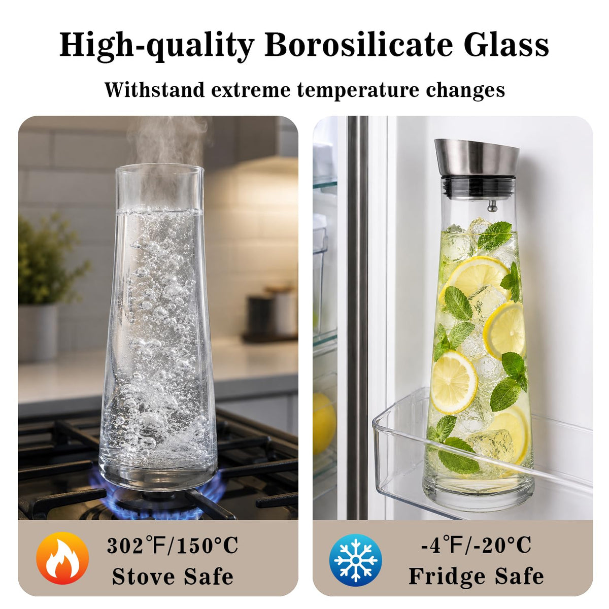 GLASKEY Glass Water Carafe with Lid,1200ml Borosilicate Glass Juice Pitcher with Stainless Steel Gravity Lid,Clear Water Pitcher for Ice Tea, Lemonade, Coffee,Juice Beverage,40 oz