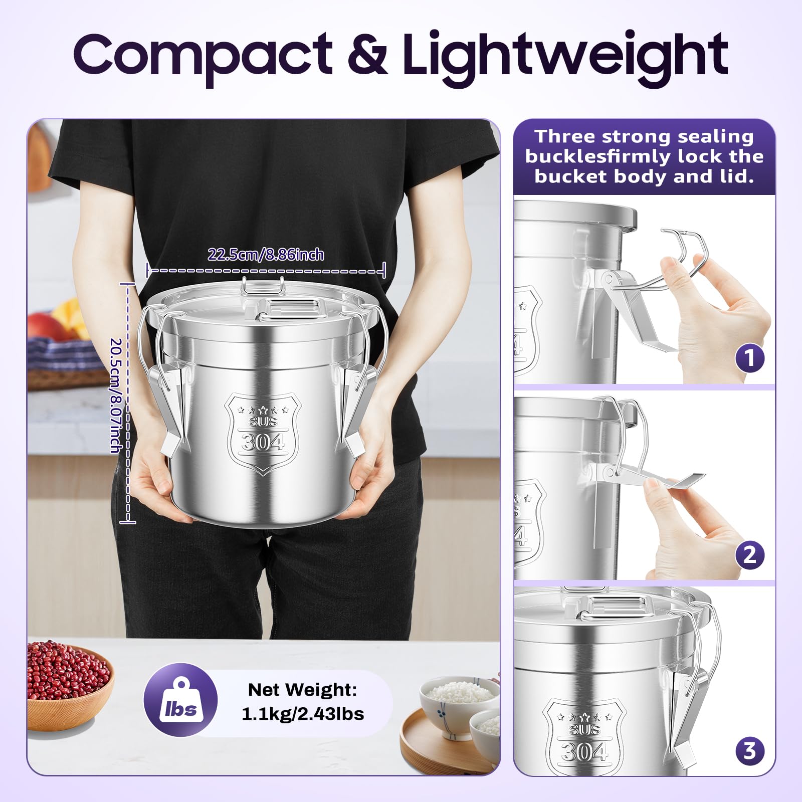 GUJIFENG 202 OZ Stainless Steel Canister Rice Cereal Grain Storage Containers with Lid Airtight Coffee Bean Storage Milk Flour Sugar Food Storage for Home Bar Restaurant (6L/202 OZ)