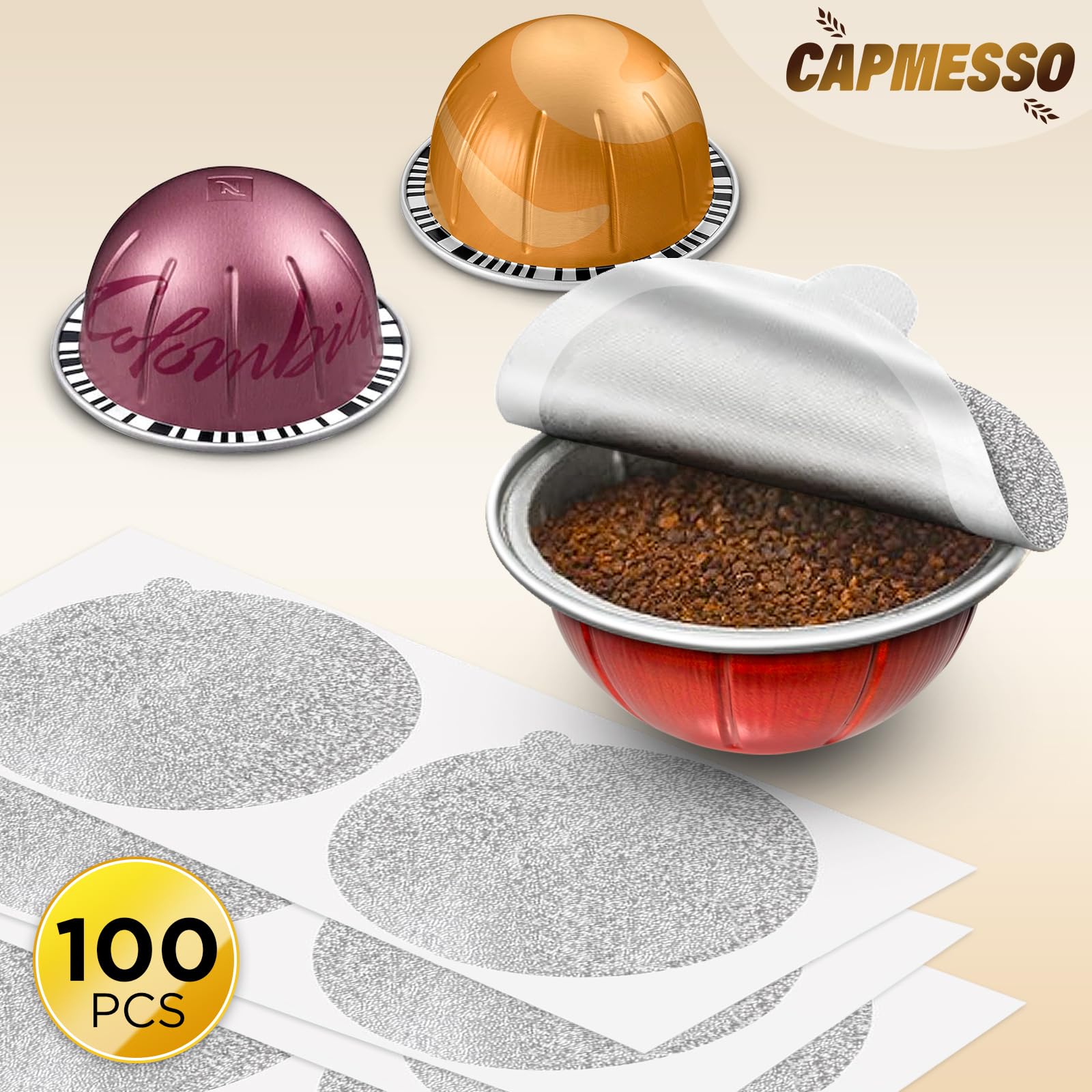 CAPMESSO Foil Lids for Nespresso Vertuo Pods - 100 Aluminum Foil Lids