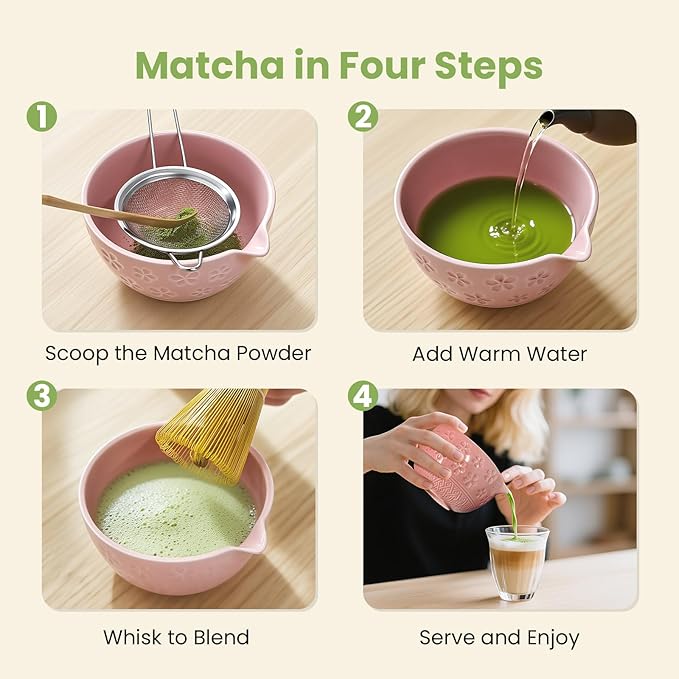 Matcha Whisk Set, Ceramic Matcha Set Includes Matcha Bowl, Whisk & Holder, Scoop, Sifter, Spoon, Scoop Rest, Tea Mat, Hand Book - 9 Pcs Kit for Matcha Lovers (Pink)