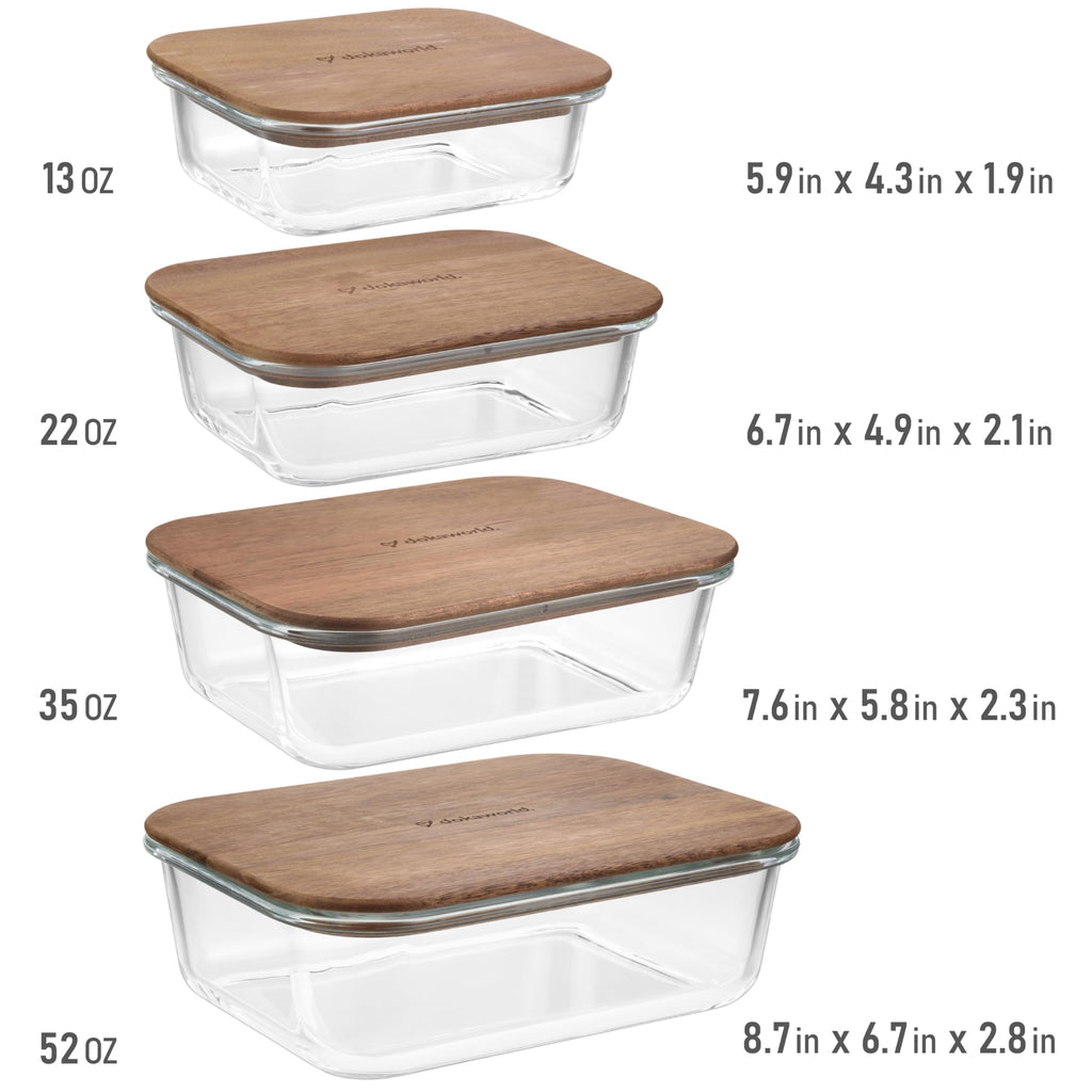 dokaworld Glass Container Set with Acacia Lids - 4 Stackable Meal Prep Containers. Durable heat resistant Inert Borosilicate Glass