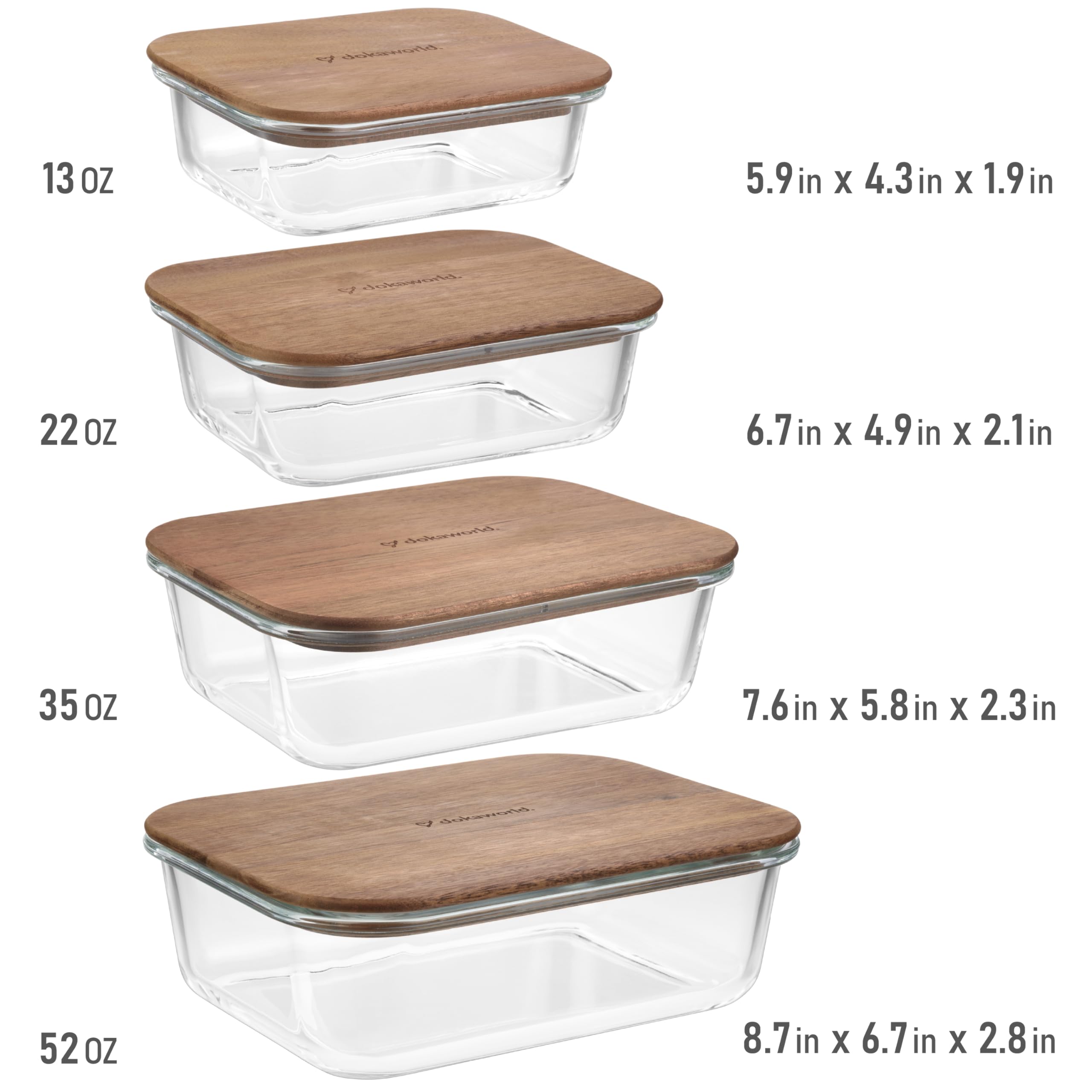 dokaworld Glass Container Set with Acacia Lids - 4 Stackable Meal Prep Containers. Durable heat resistant Inert Borosilicate Glass
