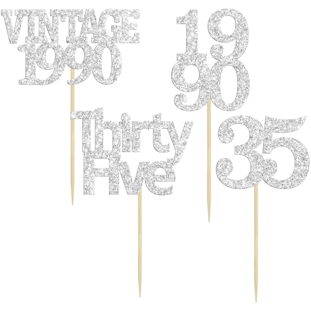 Gyufise 24Pcs Happy 35th Birthday Cupcake Toppers Glitter Thirty Five 35 Fabulous Vintage 1990 Cupcake Picks for 30th Birthday Wedding Anniversary Party Cake Decorations Supplies Rose Gold