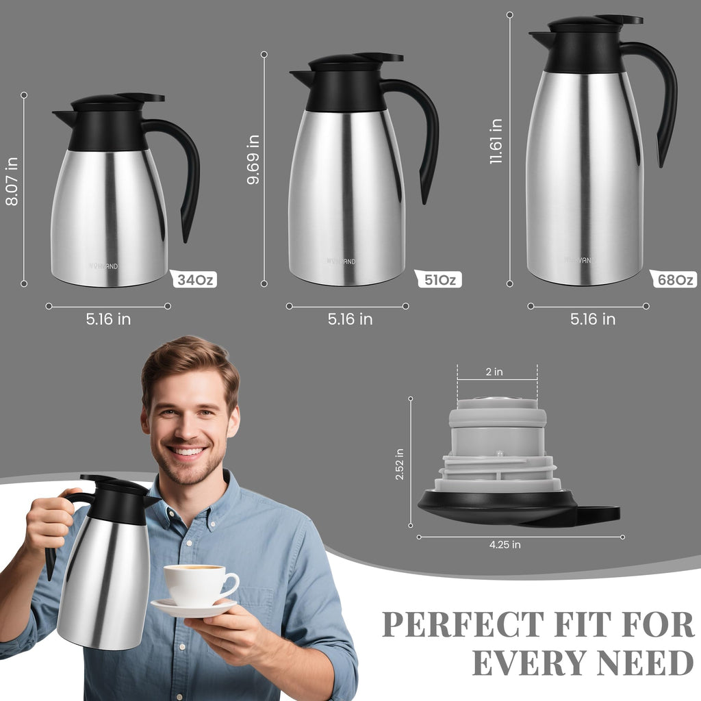 WYHVAND Thermal Coffee Carafe, 51 oz, Leakproof Push-Button Lid, Silver