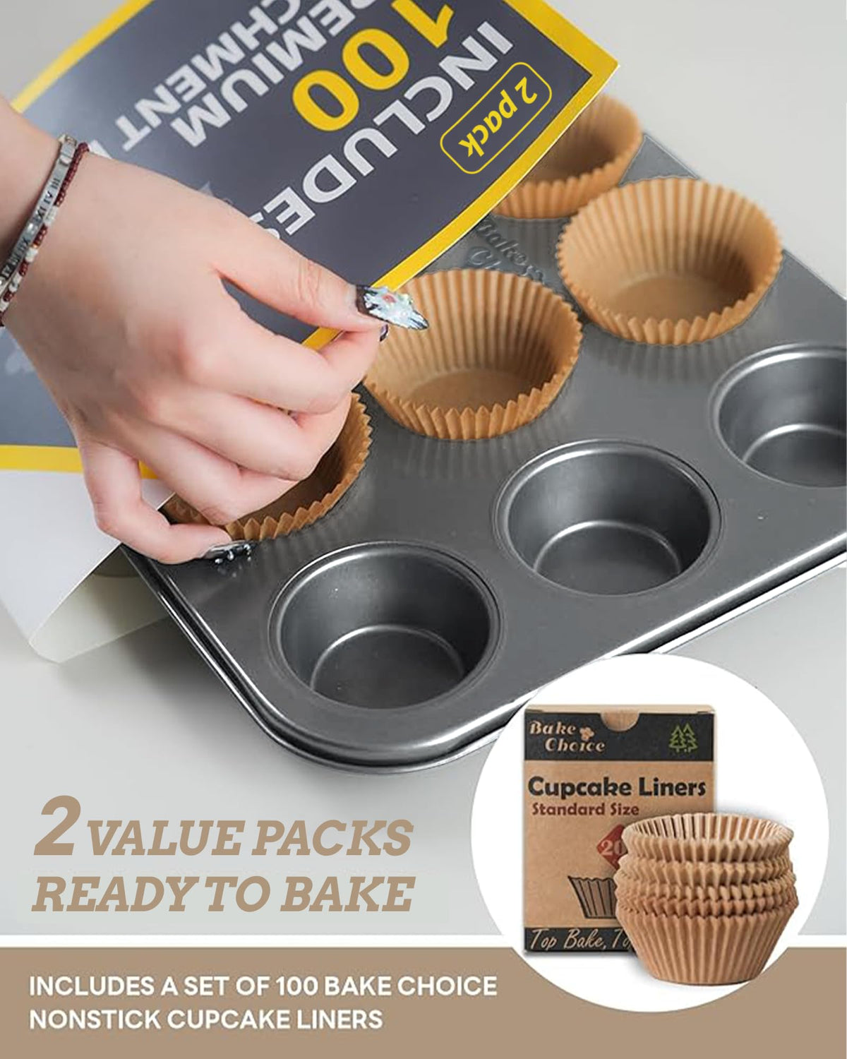 Bake Choice 2 Muffin Pan for Baking, Standard Cupcake Pan with 100 Liners