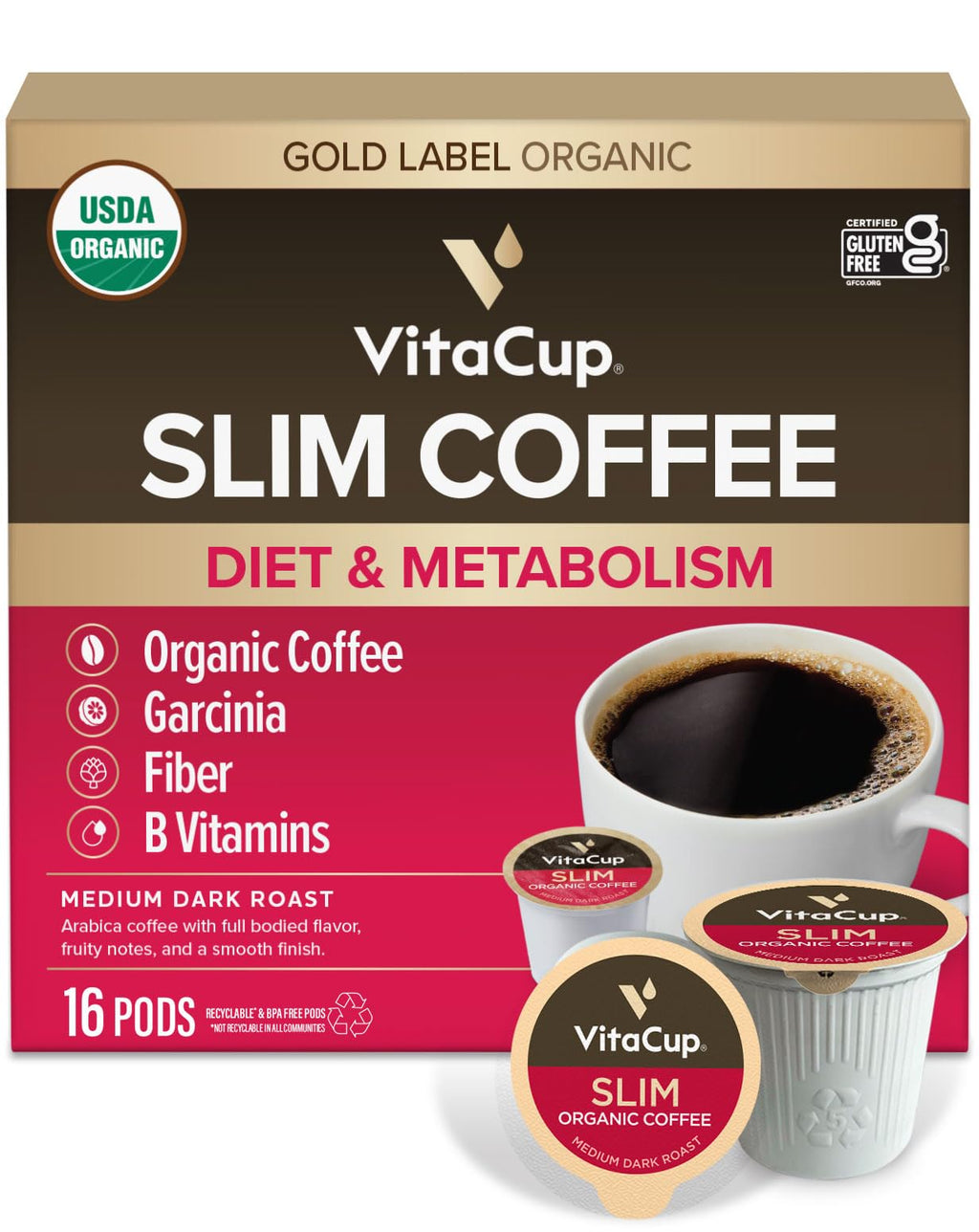 VitaCup Slim Organic Medium Dark Roast Coffee Pods for Diet Support, 16ct