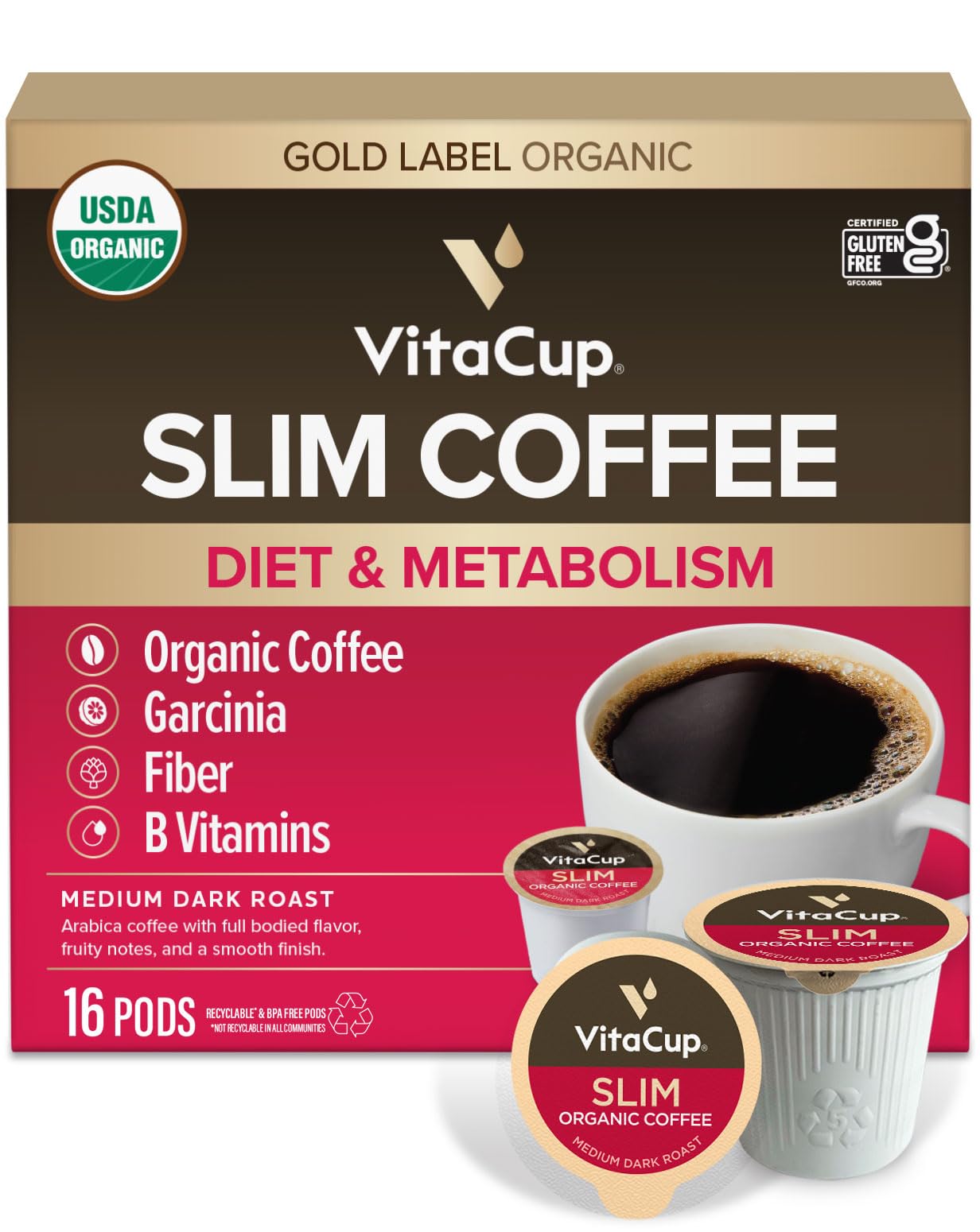 VitaCup Slim Organic Medium Dark Roast Coffee Pods for Diet Support, 16ct