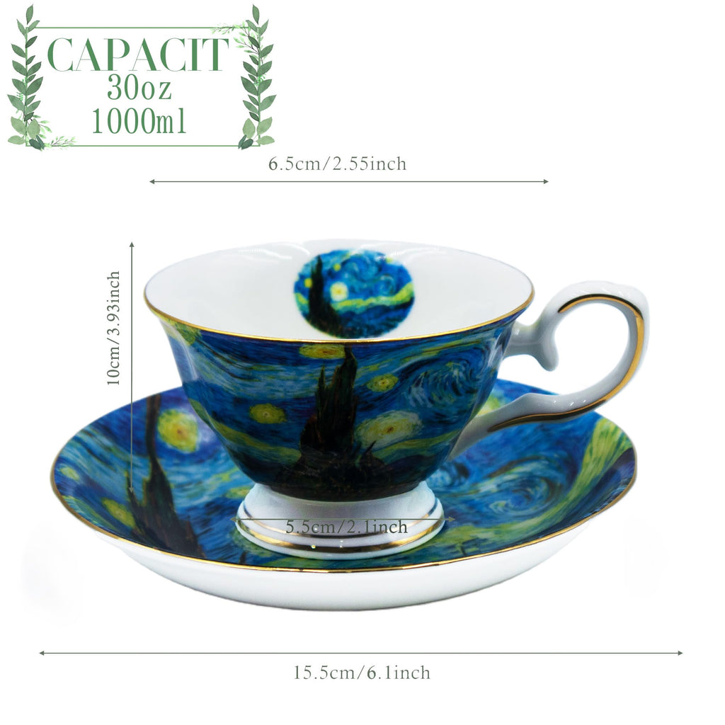 AOTELIDA Floral Tea Cups Saucers Set of 2, Bone China 7 oz British Teacups Porcelain Coffee Cup for Rose Tea Cappuccino Espresso Latte (Starry Sky & Wheat Field)