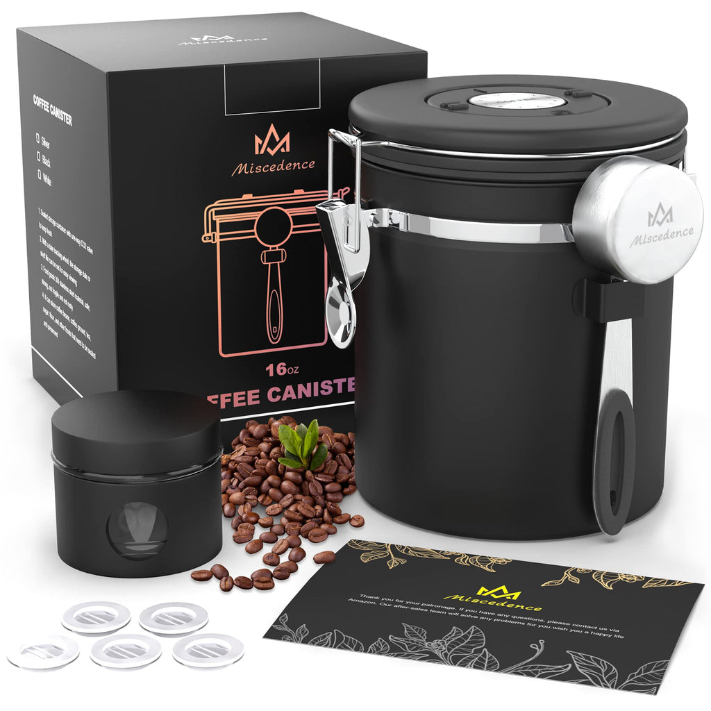 Miscedence Coffee canister set for ground coffee with Date Tracker,Co2 Valve,Travel jar,Stainless Steel Kitchen Food Airtight storage container for Coffee Beans or Grounds,Tea,Sugar (16oz-Black)