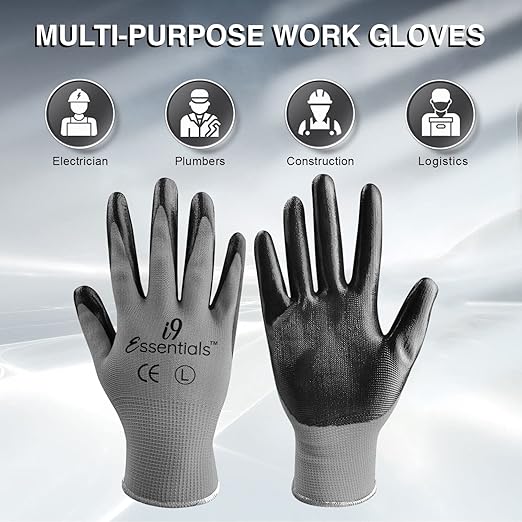 I9 Essentials Seamless Nitrile Coated Work Gloves, Large 6 Pairs, Black & Grey – Washable Grip for Construction, Gardening, Woodworking