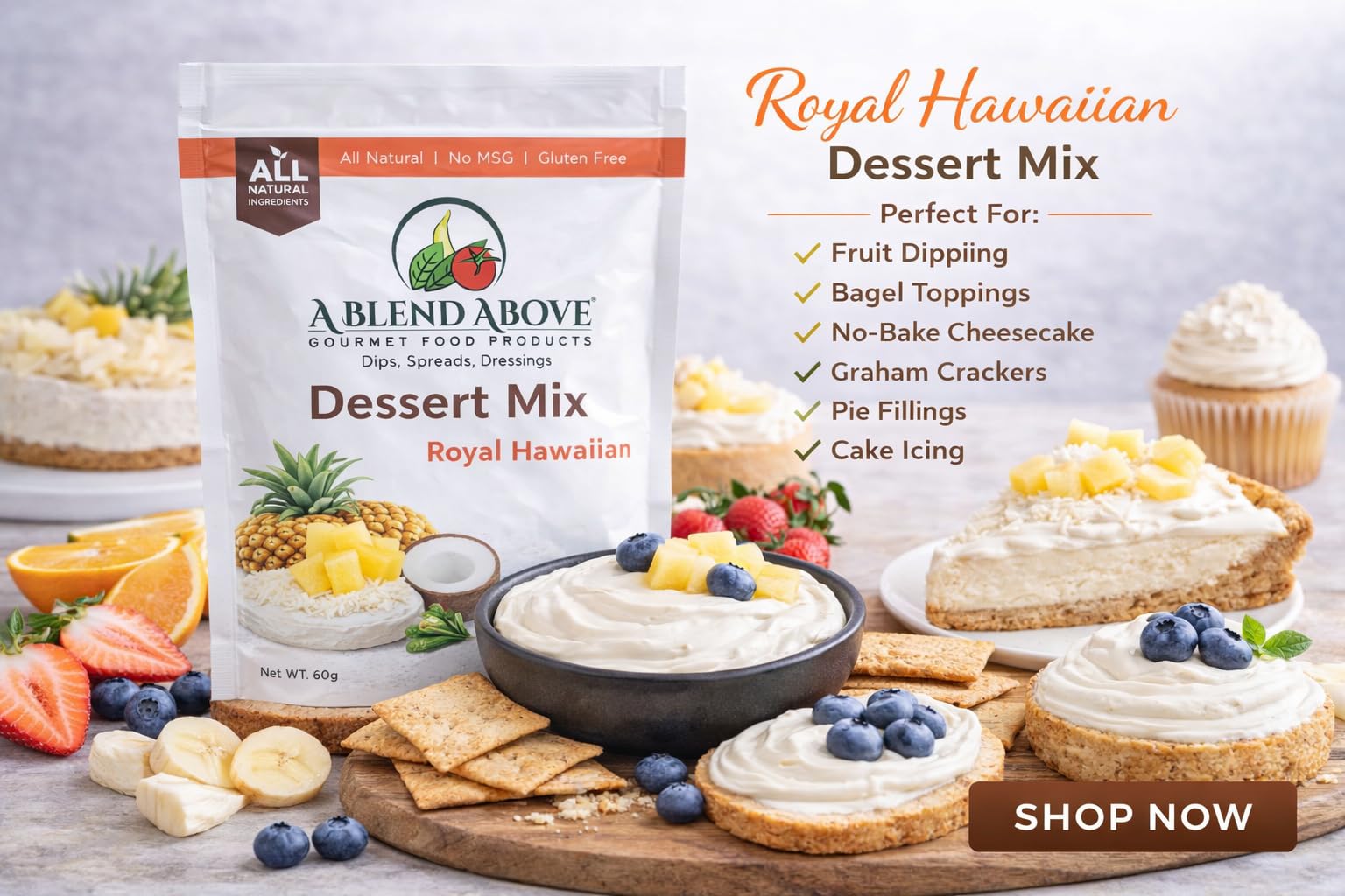 A Blend Above Royal Hawaiian Cheesecake Mix - No-Bake Desserts, All Natural, Gluten Free, No MSG - Instant Dessert Mix, Fruit Dip, Bagel Topping, Frosting, Cheesecake Filling - Makes 16 Oz (Pack of 3)