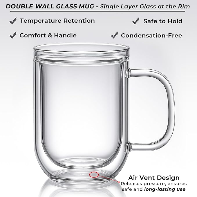 Aquach 16oz Double Walled Glass Coffee Mugs Set of 2, Insulated Teacups