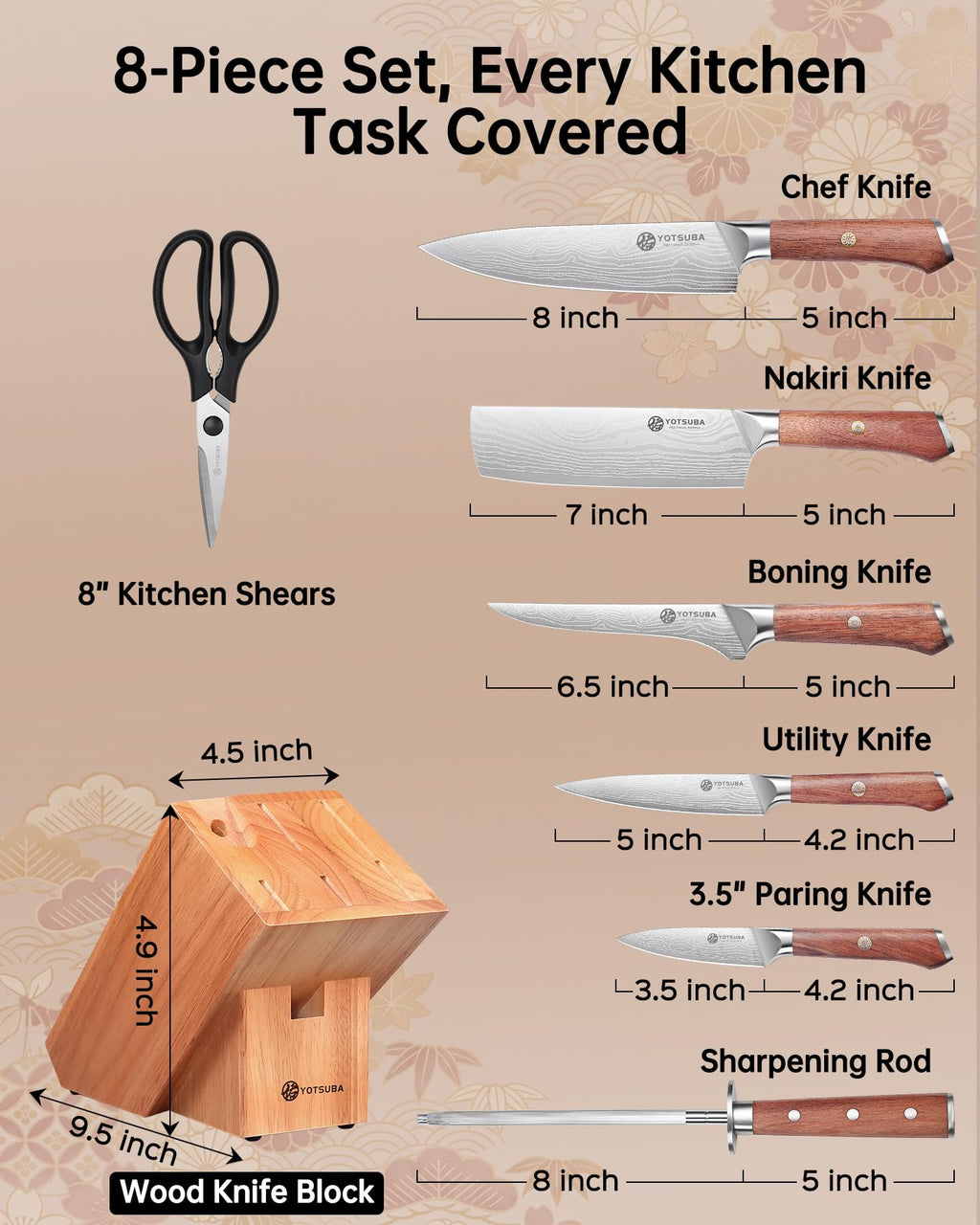 YOTSUBA 8 PCS Japanese Kitchen Knife Set with Block, Ultra Sharp Knives Set