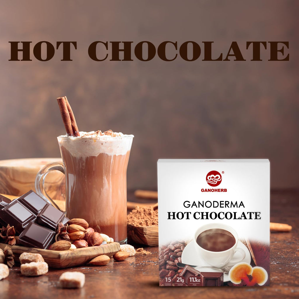 GANOHERB Mushroom Hot Chocolate Mix with Reishi, Mushroom Coffee Alternative Hot Cacao Powder for Energy, Mood and Immune System, Vegan Mushroom Supplement, 15 Servings, 11.1 Ounce