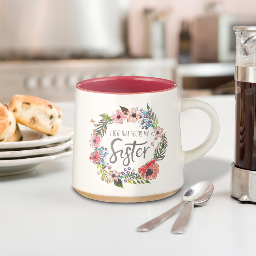 Christian Art Gifts Floral Pink Ceramic Coffee Mug – 14 oz. Microwave and Dishwasher-Safe Inspirational Scripture Coffee and Tea Mug for Women with Bible Verse: Love That You're My Sister –Eccles. 4:9