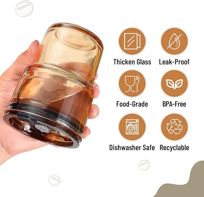 13 oz Glass Tumbler with Glass Straw and Lid, Leak-Proof Reusable Travel Cup for Iced Coffee, Tea, Matcha, Fruit Juice – Thick Wall Clear Water Bottle (Amber, 4 Pack)