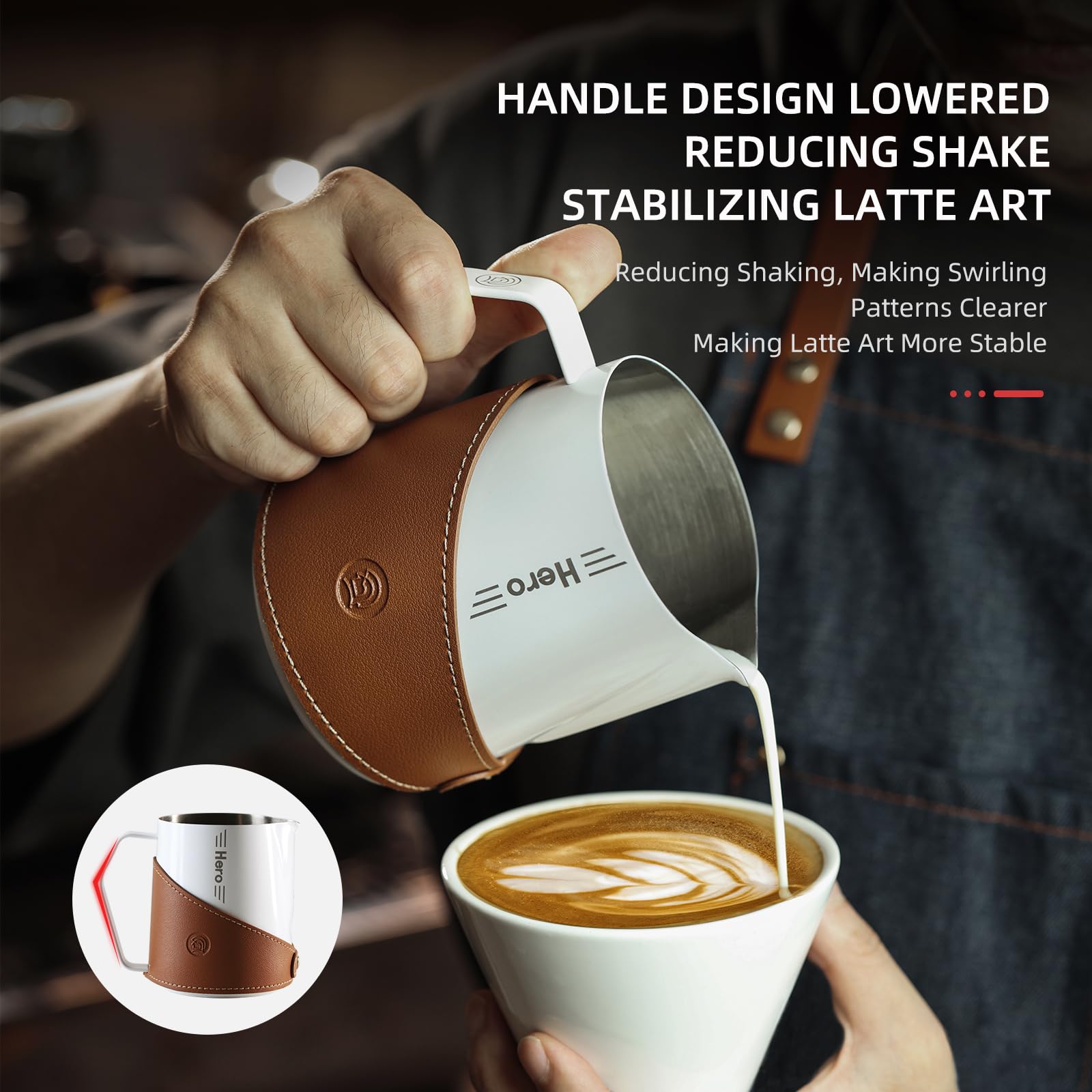 CUFEJORO Milk Frothing Pitcher 450ml/16oz 304 Stainless Steel Espresso Steaming Pitcher with PU Leather, Milk Frothing Jug,milk frother cup,Milk Jug Cup,Premium Barista Tools,Latte Art (Bright 20oz)