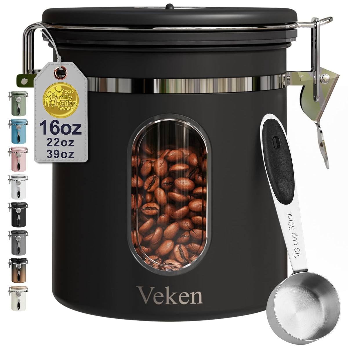 Veken Coffee Canister with Window, Airtight Stainless Steel Container, 22OZ