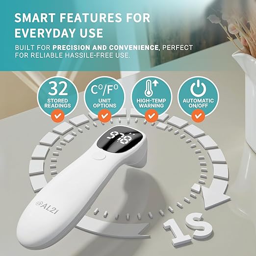 @AL21 Dual Mode Thermometer for Adults, Kids, and Babies – Infrared Digital Forehead and Ear Thermometer No Touch, Fever Alarm, 1-Second Reading, 32 Memory Recall