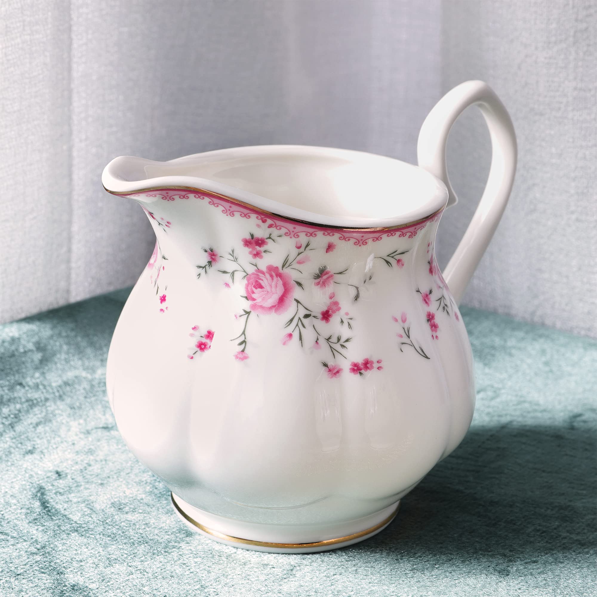 fanquare Vintage Porcelain Tea Set for Women Tea Party, Cup and Saucer Set for 6, Wedding Floral Teapot Set for Adults, Pink Rose
