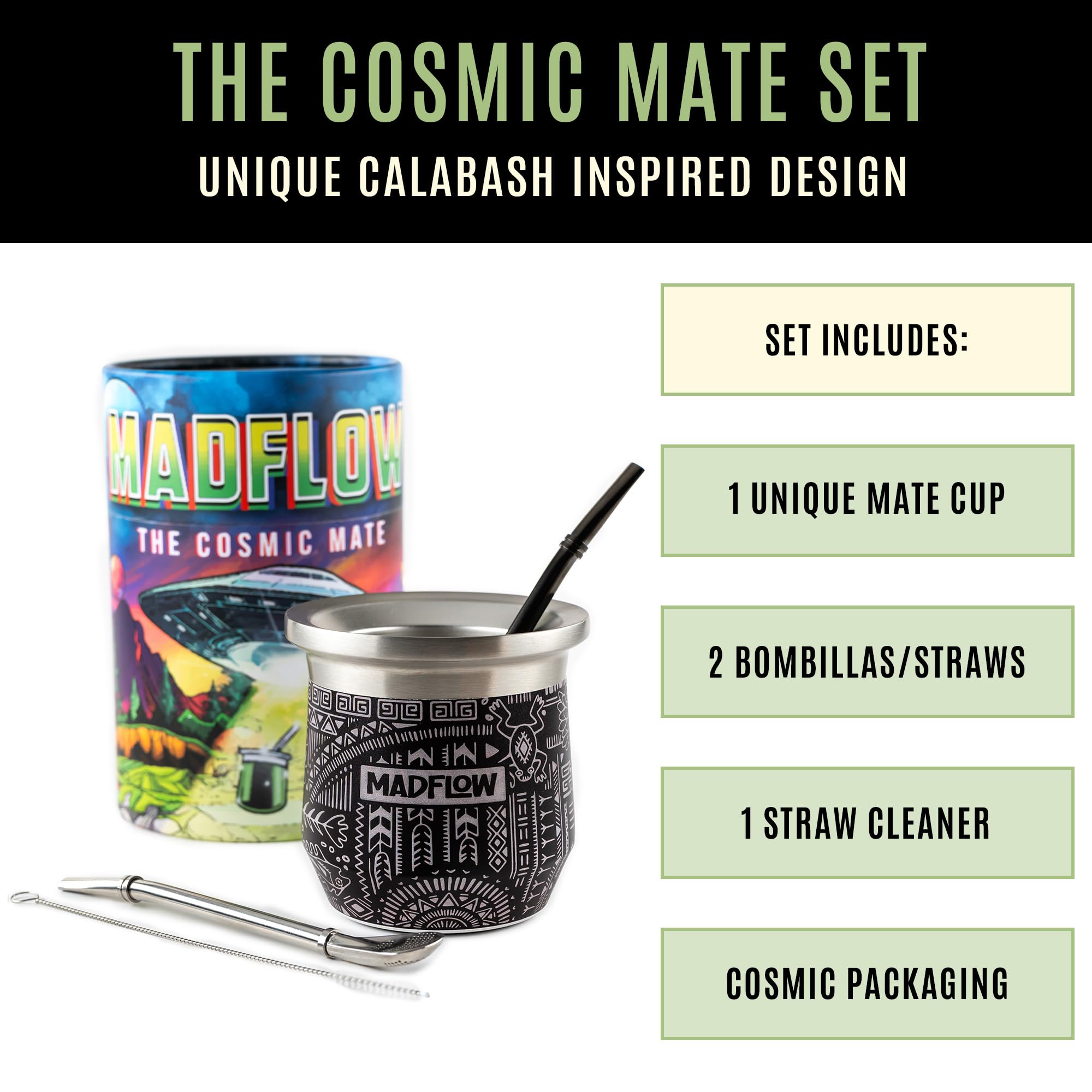 MADFLOW Yerba Mate Cup. Stainless Steel Mate Cup with 2 Bombillas. Double Wall Vacuum Insulated Yerba Mate Gourd. Unique Mate Cup And Bombilla Set