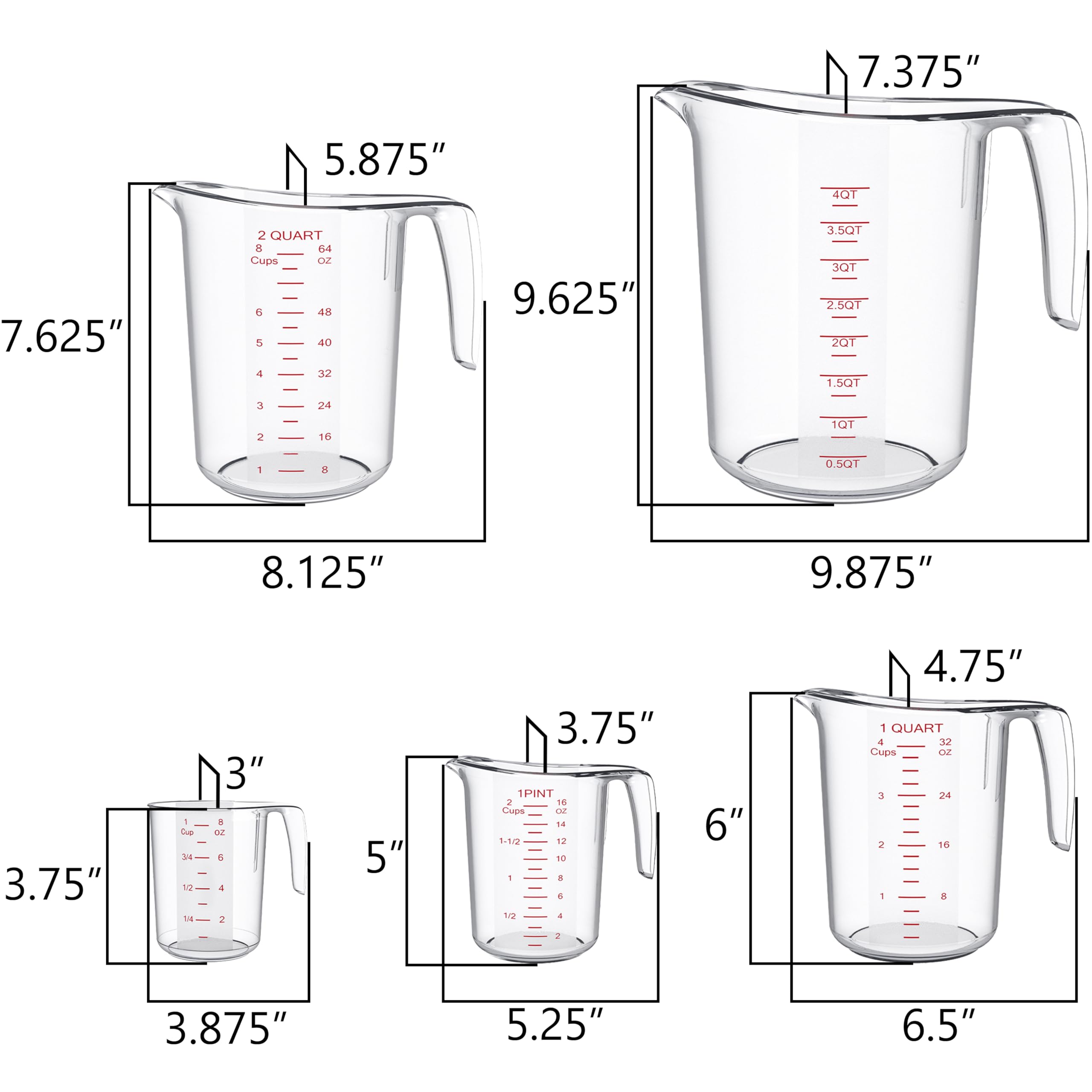 DaYammi Measuring Cups 5-Piece, Unbreakable Food-Grade Plastic Measuring Cup for Dishwasher, 1/2/4/8/16-Cup Nesting Liquid Measuring Cups for Prepping, Baking, Cooking, Readable Markings, Clear