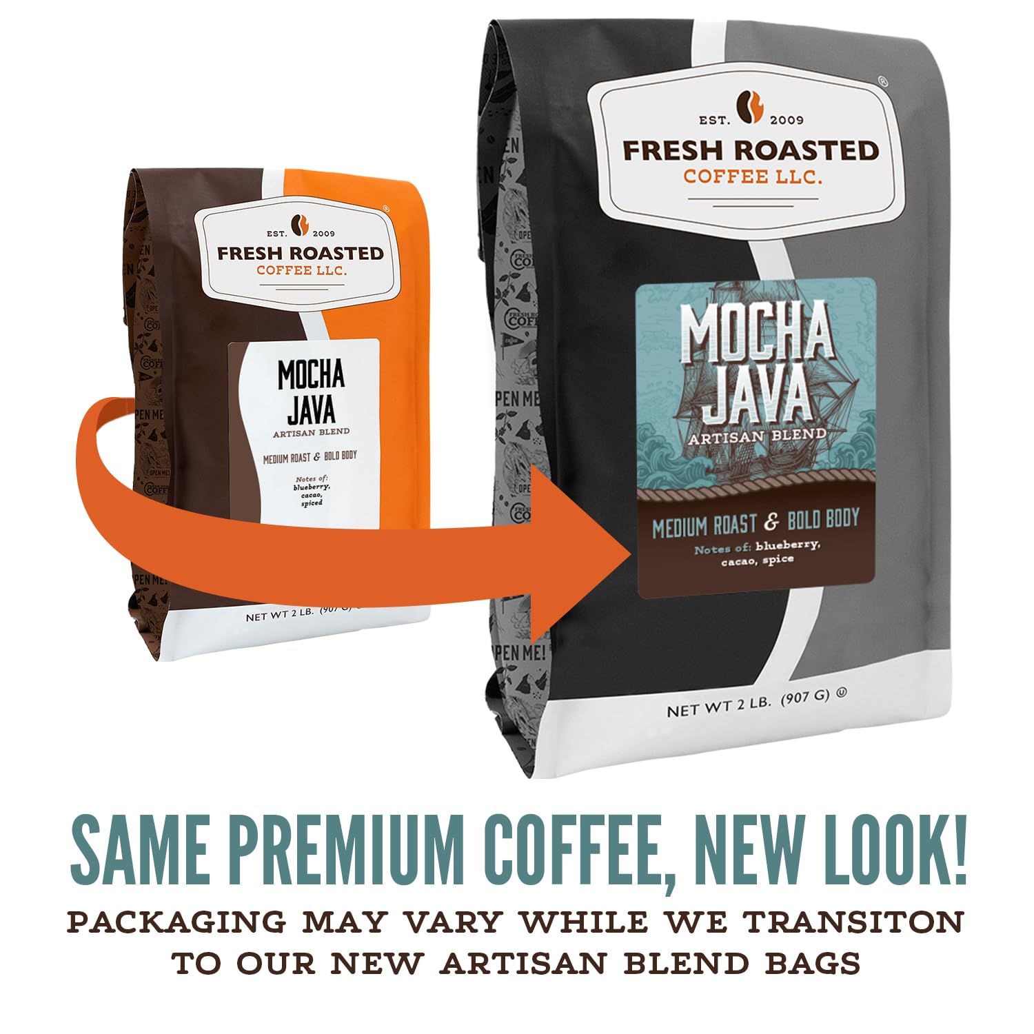 Fresh Roasted Coffee, Mocha Java Whole Bean Coffee, Medium Roast, Kosher, 5 lb (80 oz)