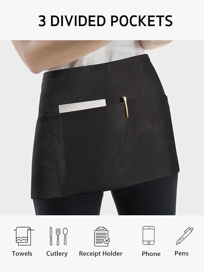 Syntus 2 Pack Server Apron with 3 Pockets, Waterdrop Resistant Waitress Waiter Waist Apron, 11.5-inch Black