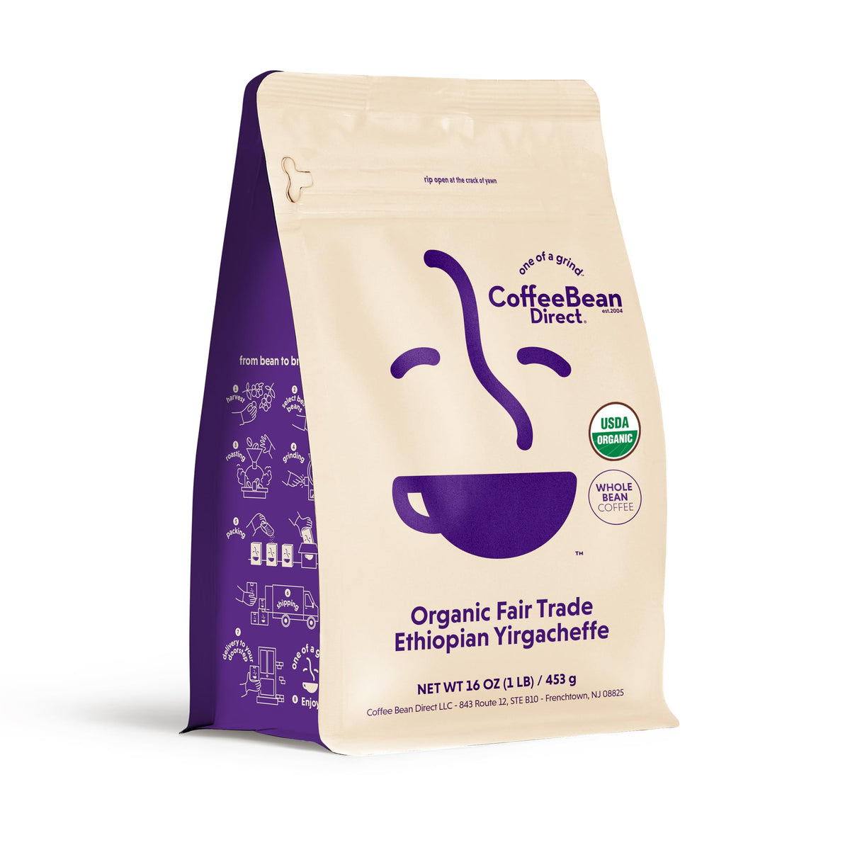 Coffee Bean Direct Organic Fair Trade Ethiopian Yirgacheffe, 1lb Bag