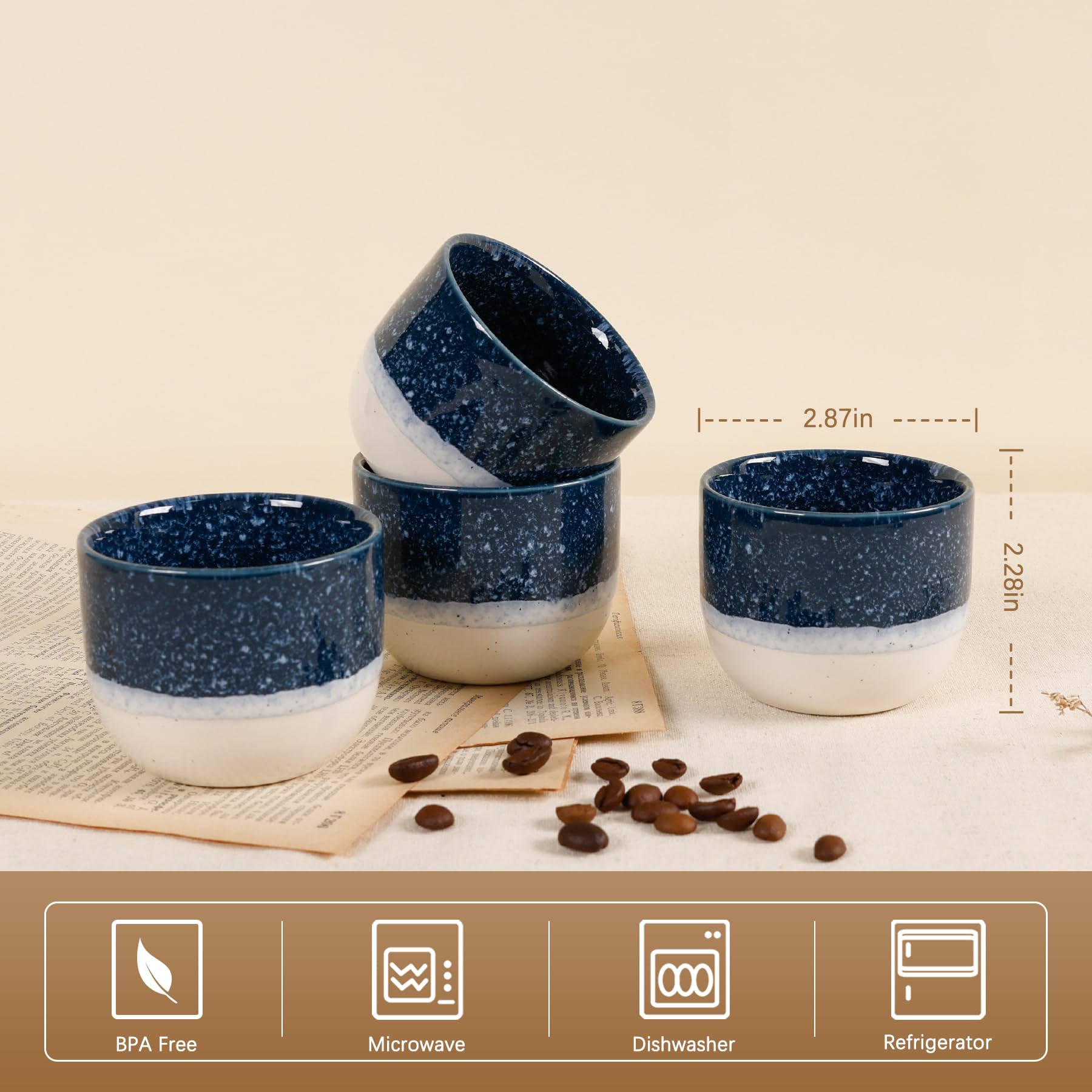 ZEBERBO Ceramic Espresso Cups Set of 4, Double Walled Espresso Coffee Mugs for Nespresso Cups, Special glazed Demitasse Cups Coffee Cup for Machine (Blue)