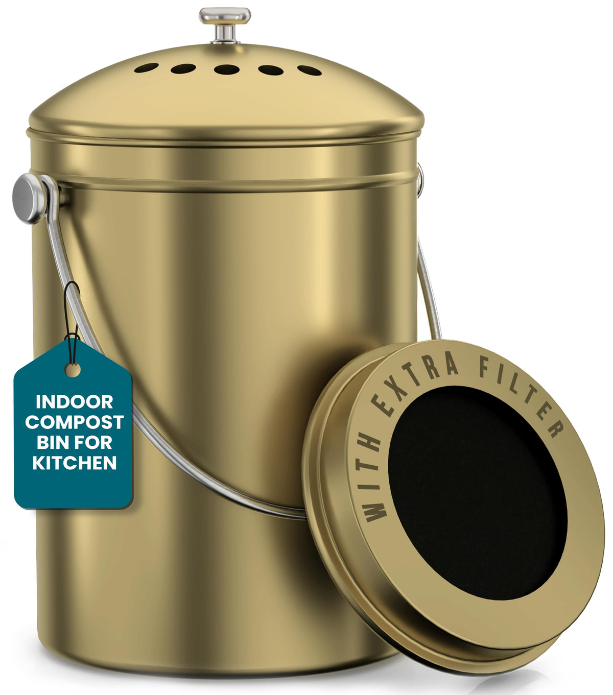 Utopia Kitchen Countertop Compost Bin 1.3 Gallon, Stainless Steel, Black