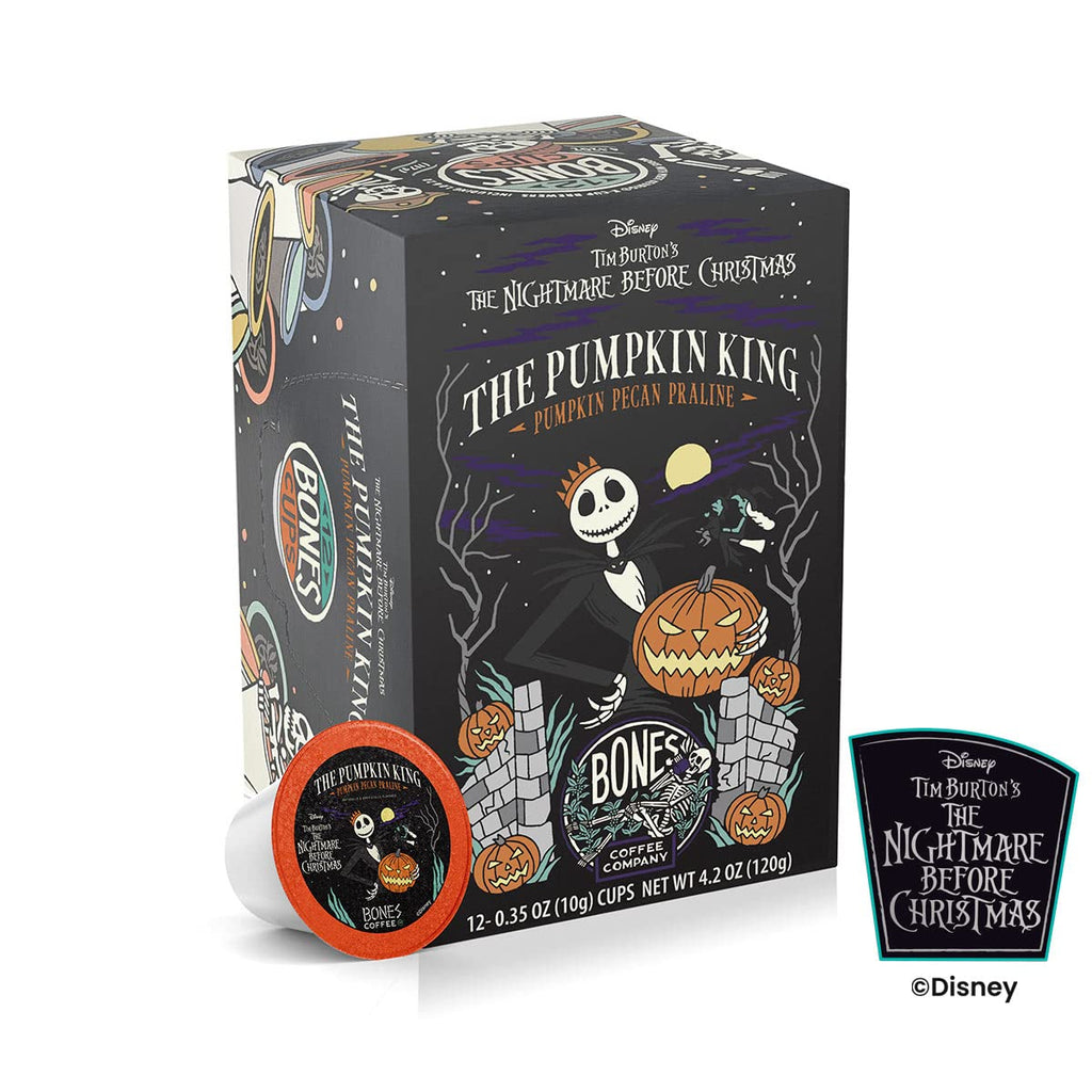 Bones Coffee Company Pumpkin King, Pumpkin Pecan Praline Flavored Coffee Pods, Low Acid Medium Roast Single-Serve Bones Cups for K-Cups Coffee Maker from The Nightmare Before Christmas, 12 Count