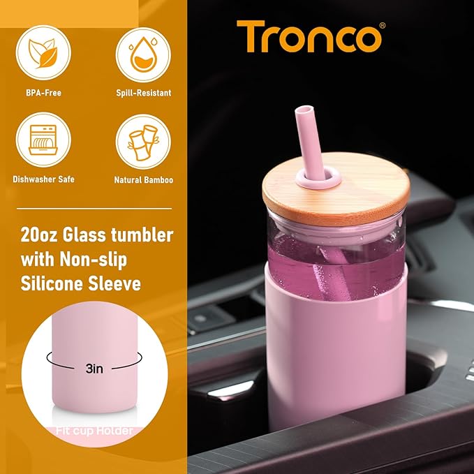 Tronco 20 oz Glass Tumbler with Lid & Straw - Iced Coffee Cup & Smoothie Cup With Silicone Sleeve | BPA-Free, Dishwasher Safe | Reusable Glass Cups with Bamboo Lids and Straws (Pink, 1 Count)