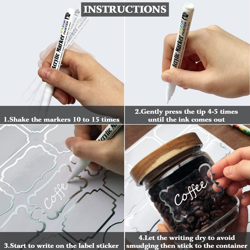 Kitchen Pantry Food Containers Clear Labels with Silver Border, 138 Waterproof Removable Write-on Sticker Labels Tags to Organize Spice Jars Condiment Flour Sugar Canisters Storage Bins,Free 2 Markers