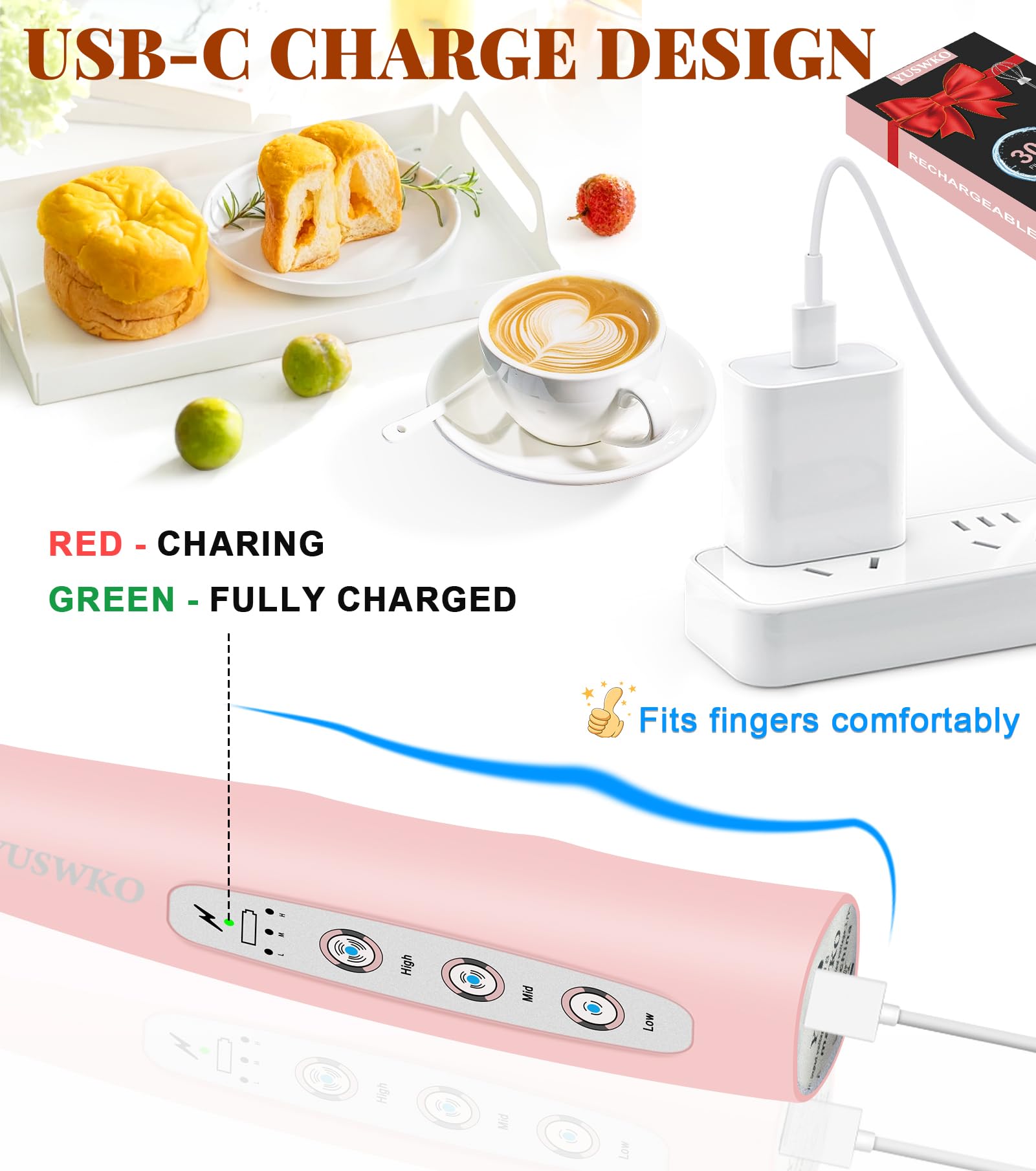 YUSWKO Handheld Milk Frother Wand for Coffee, Rechargeable Electric Whisk with 3 Heads 3 Speeds Drink Mixer Coffee Frother For Latte, Cappuccino, Hot Chocolate, Egg, Pink