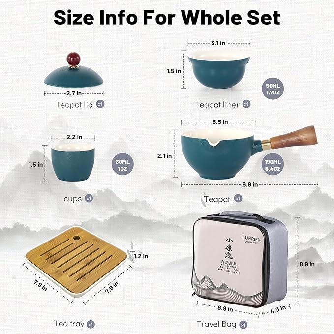 LURRIER Porcelain Chinese Gongfu Tea Set,Portable Teapot Set with 360 Rotation Tea maker and Infuser,Portable All in One Gift Bag for Travel,Home,Gifting,Outdoor and Office (Green)