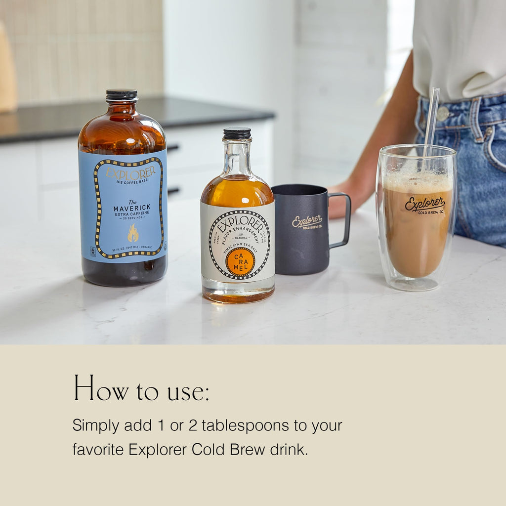 Explorer Caramel Coffee Syrup Flavor, All Natural Gluten Free Flavoring, with Himalayan Sea Salt for Drinks, Lattes, Cocktails & Shakes, 12.7 fl oz