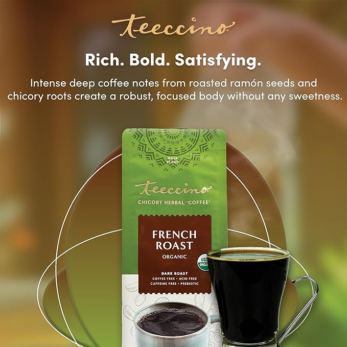 Teeccino French Roast Chicory Coffee Alternative - 11 Ounce - Ground Herbal Coffee That’s Prebiotic, Caffeine-Free & Acid Free, Dark Roast, (Pack of 3)