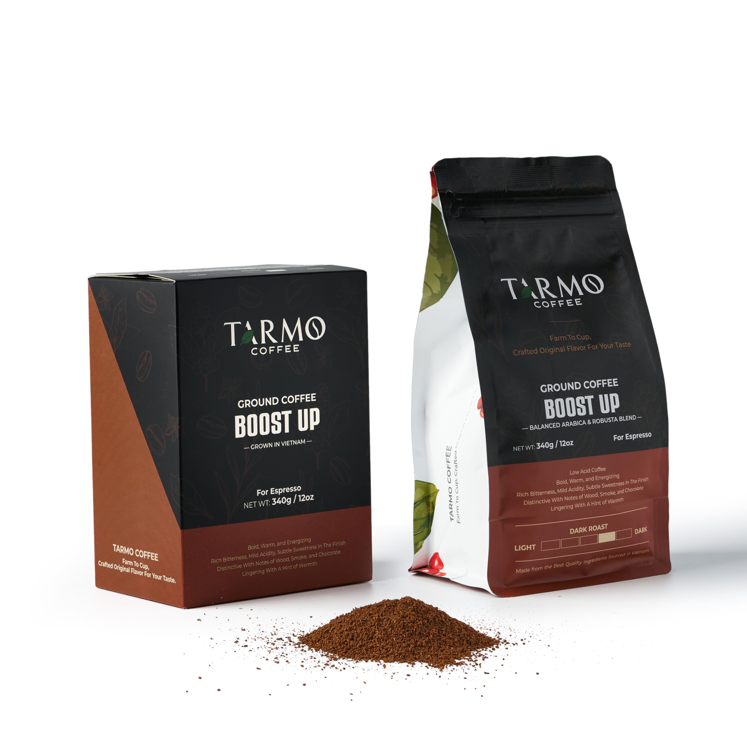 TARMO -BOOST UP | Low Acid ARABICA & ROBUSTA BLEND Ground Coffee | Specialty Vietnamese Coffee | Single Origin - Dark Roast | High Caffeine Coffee Ground | 12 Oz Bag
