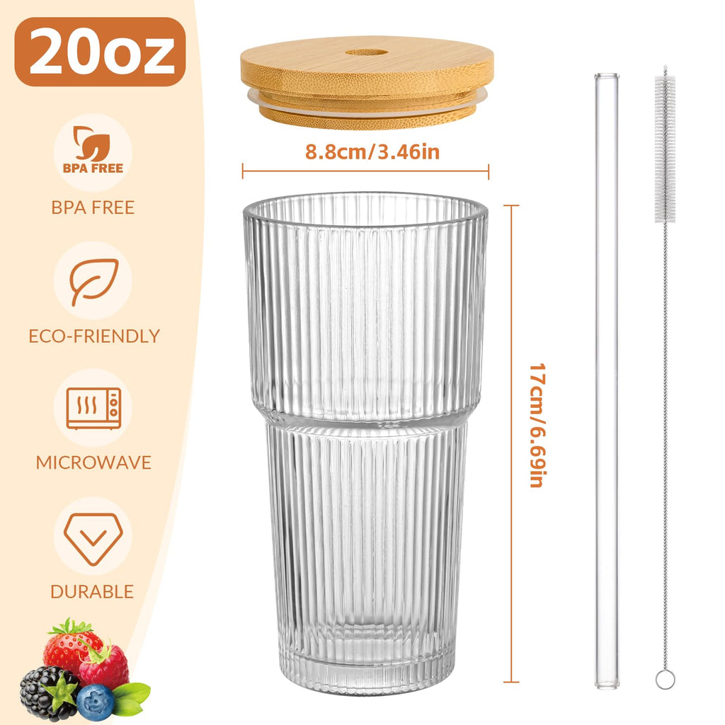 AUFXKOO 20oz Glass Cups with Lids and Straws,2PCS Ribbed Glass Coffee Cups,Iced Coffee Cups with Lid,Vintage Bamboo Tumbler for Juice,Smoothies