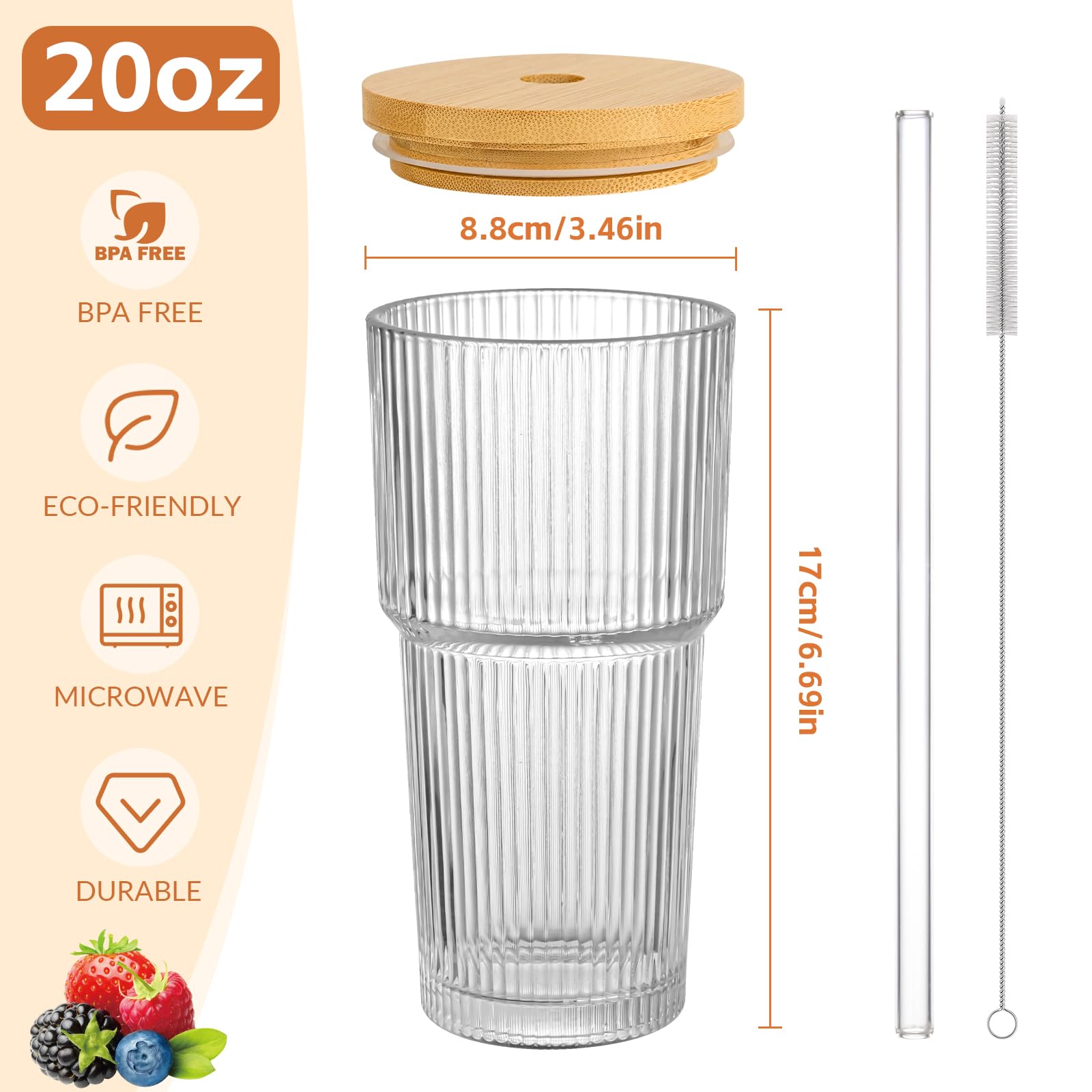 AUFXKOO 20oz Glass Cups with Lids and Straws,2PCS Ribbed Glass Coffee Cups,Iced Coffee Cups with Lid,Vintage Bamboo Tumbler for Juice,Smoothies