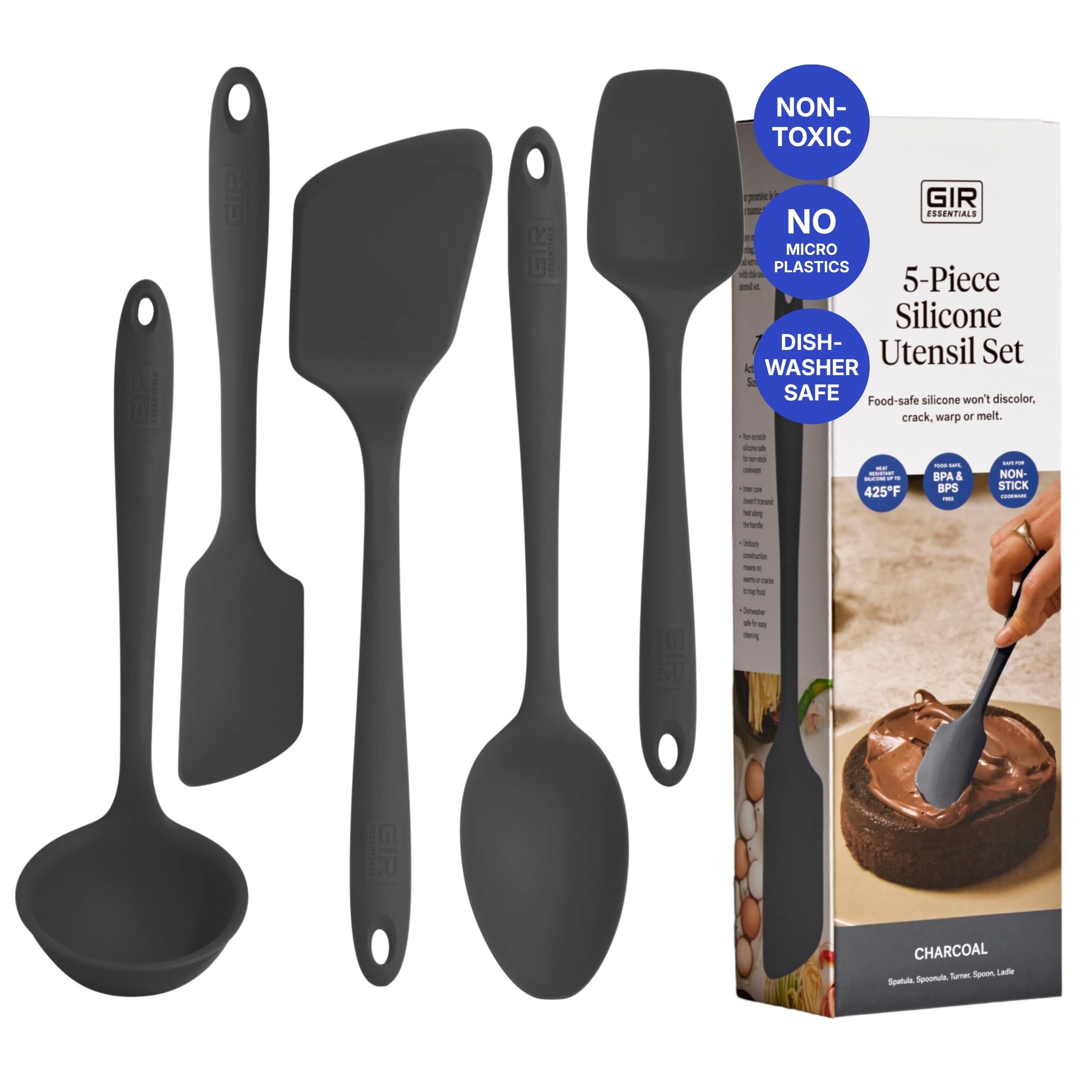 GIR 5-Piece Silicone Kitchen Utensils Set, Non-Toxic Cooking Utensils for Cooking and Baking, Heat Resistant, Food Grade, Dishwasher Safe Rubber Spatula, Ladle, Spoon - Charcoal